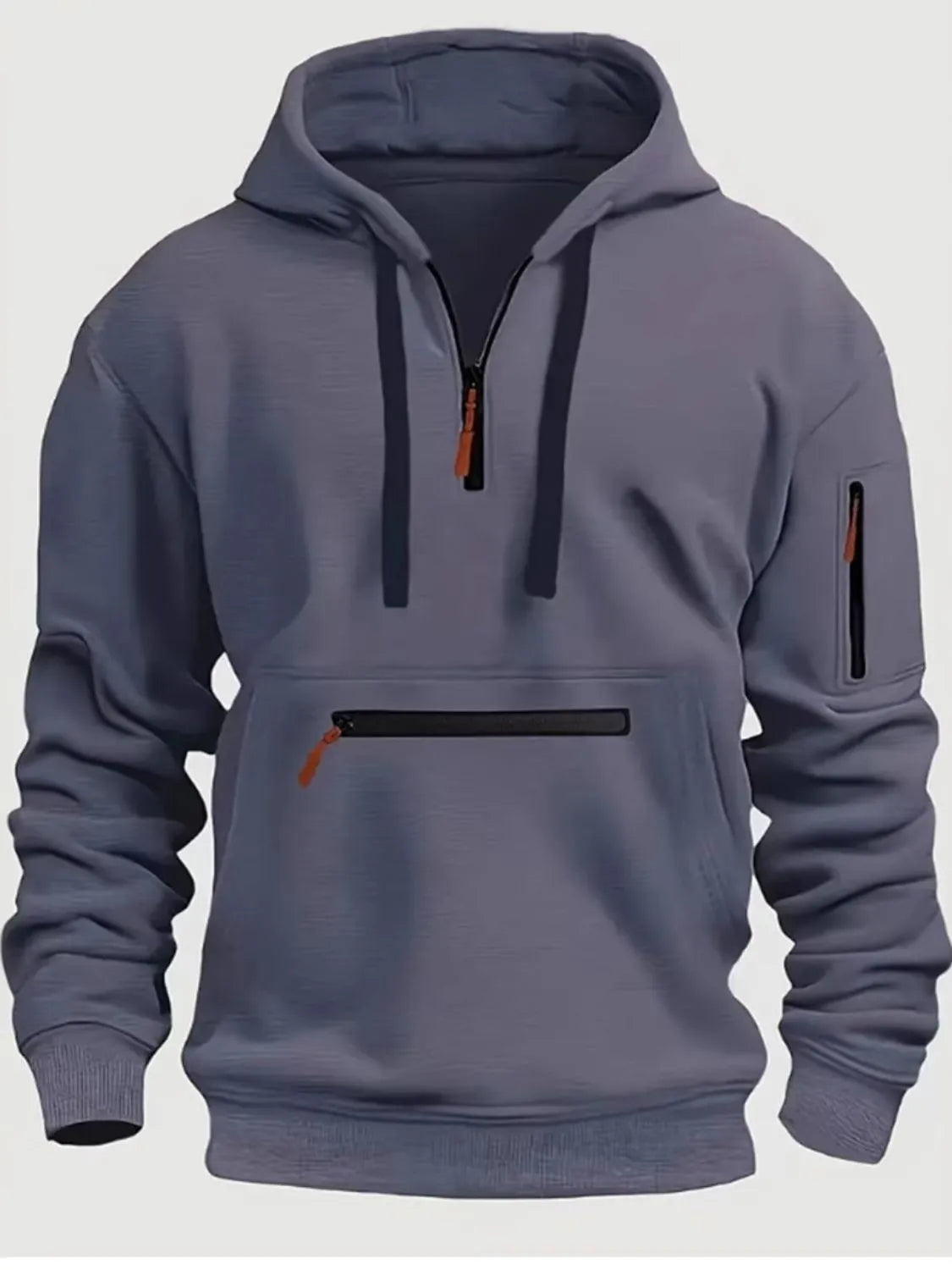 Men’s dark gray full size half zip long sleeve hoodie with black drawstrings and zippered pocket details