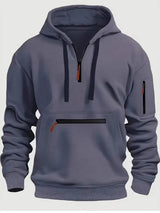 Men’s dark gray full size half zip long sleeve hoodie with black drawstrings and zippered pocket details