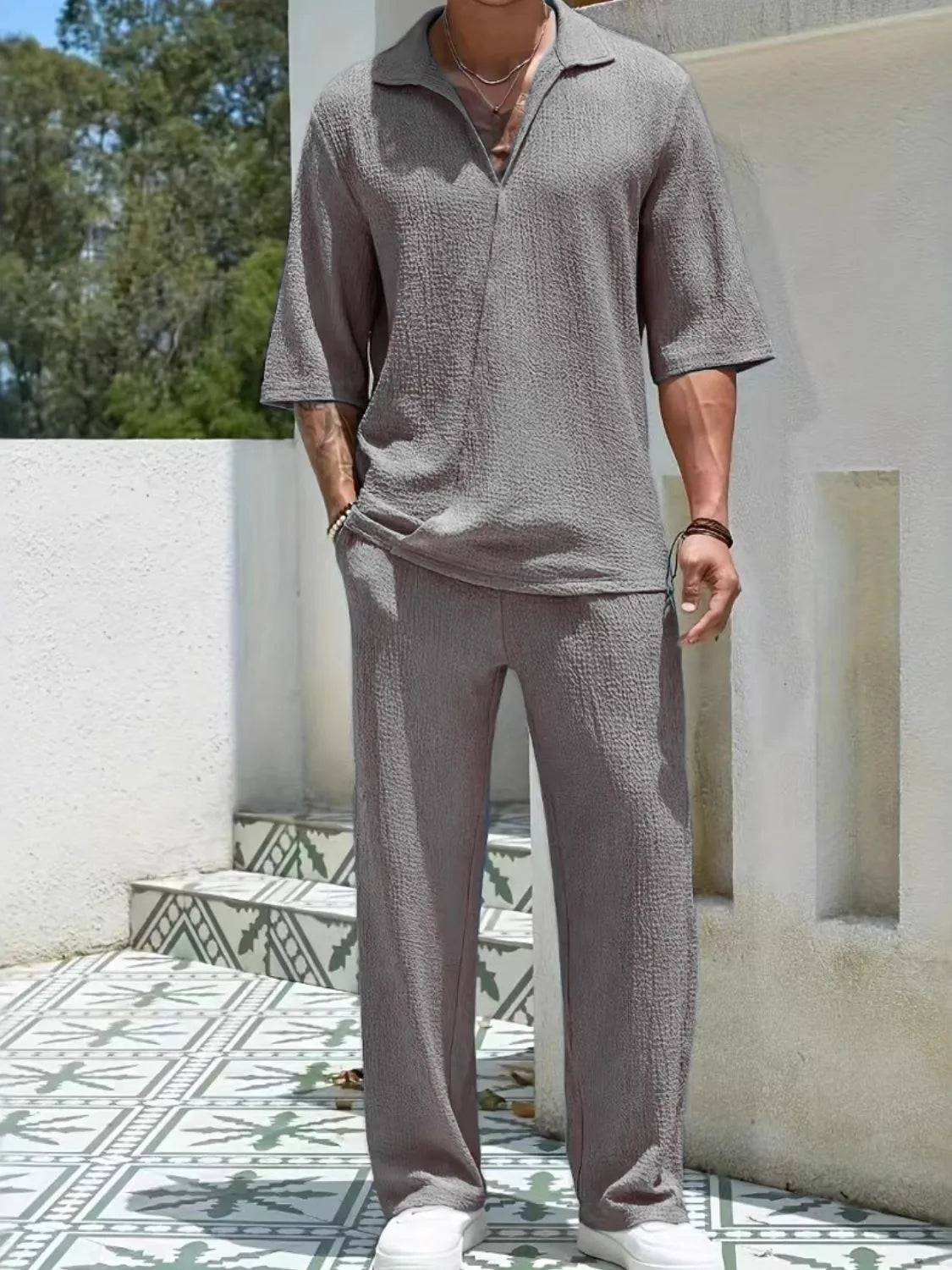 Men’s dark gray Johnny collar half sleeve top and matching pants two-piece set