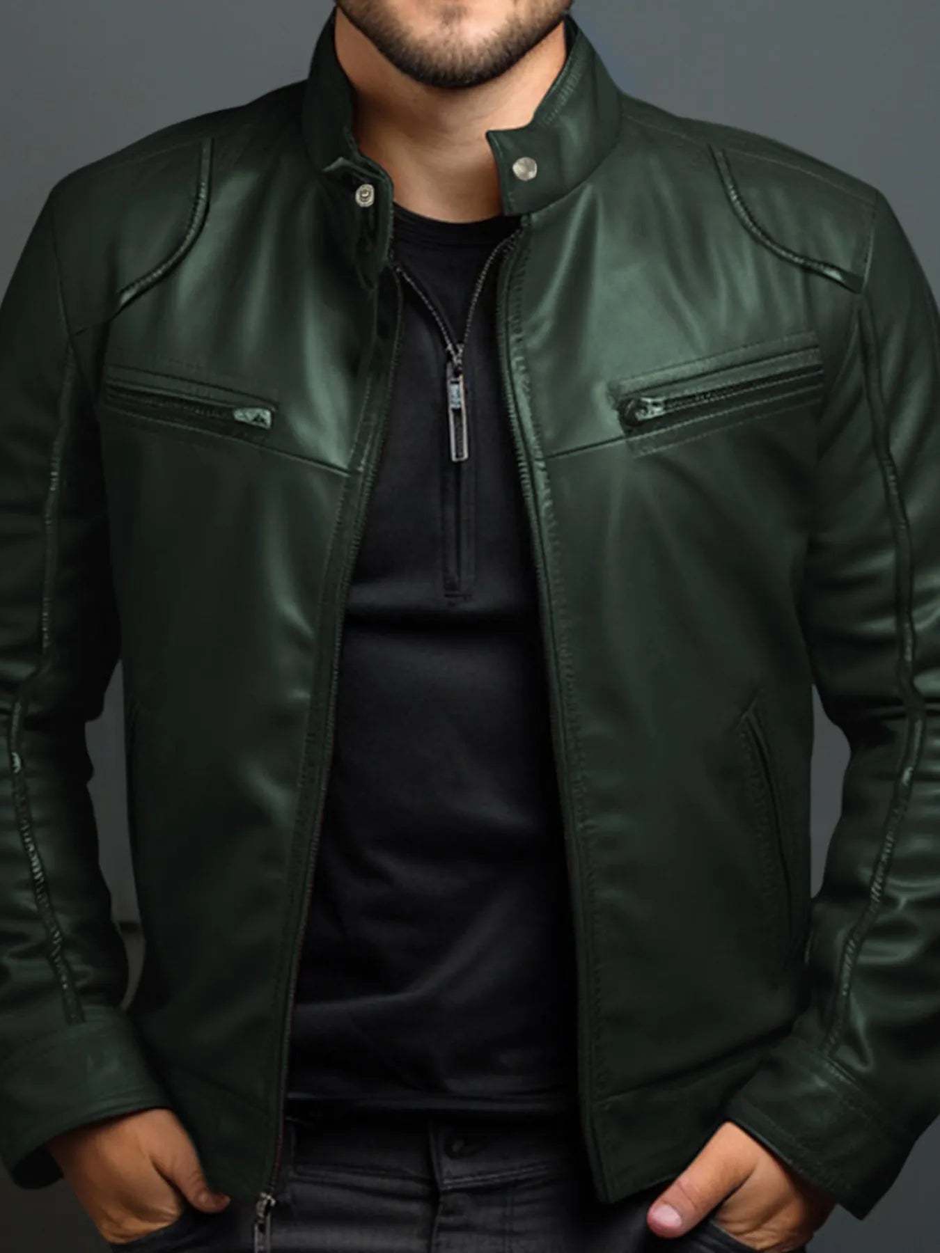 Men’s dark green PU leather motorcycle jacket with zipper front, stand collar and zippered chest pockets, available in sizes Small–5XL.