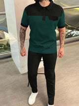 Men’s plus size dark green and black waffle-knit contrast short sleeve top and pants set, available in sizes Small–3XL.