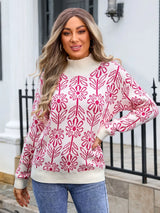 Women’s deep red and white floral turtleneck long sleeve sweater with allover flower pattern.