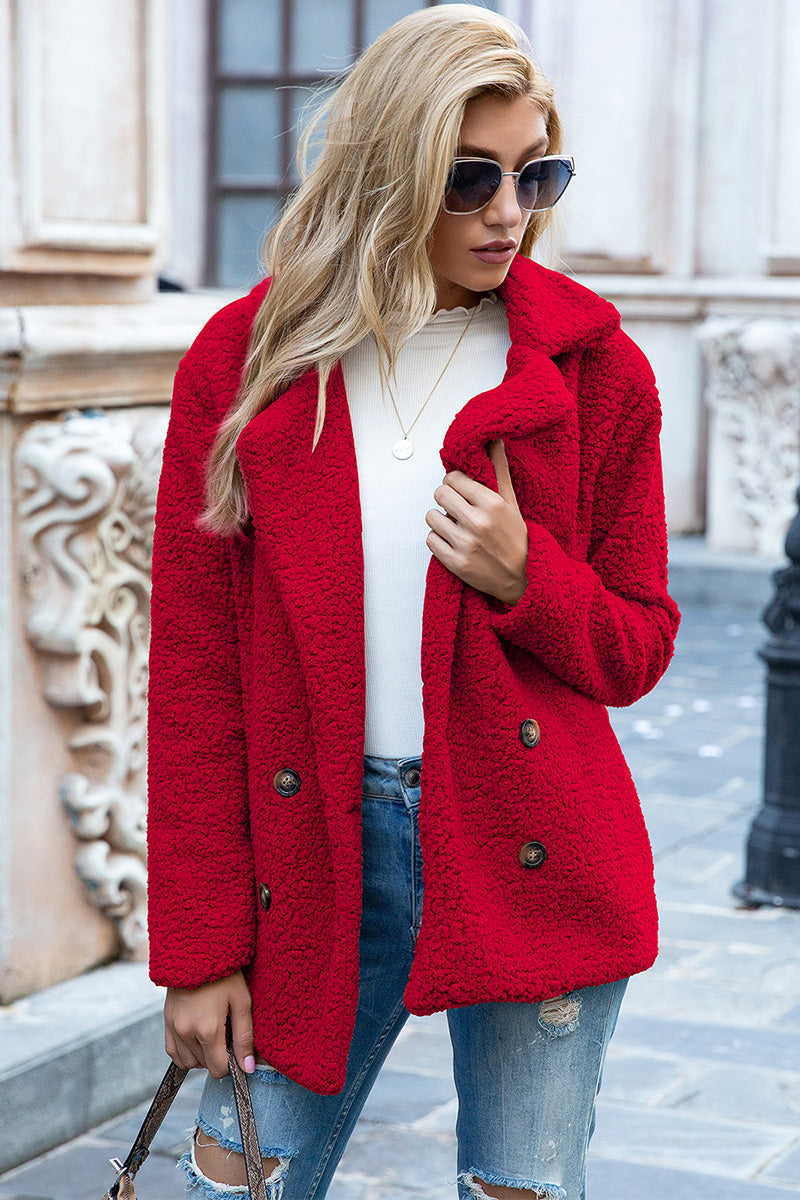 Ivy Lane women's deep red sherpa coat with lapel collar, double-breasted button front, long sleeves, and textured fabric, available in sizes S–5XL.