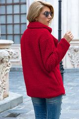 Ivy Lane women's deep red sherpa coat with lapel collar, double-breasted button front, long sleeves, and textured fabric, available in sizes S–5XL.