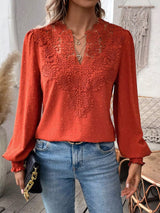 Women’s Swiss Dot Lace Detail Long Sleeve Blouse in deep red with V-neck lace detailing and long sleeves, available in sizes S–2XL.