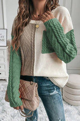 Double Take women’s gum leaf color block cable-knit drop shoulder sweater with front pocket and long sleeves.