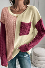 Double Take women’s red and violet color block cable-knit drop shoulder sweater with front pocket and long sleeves.
