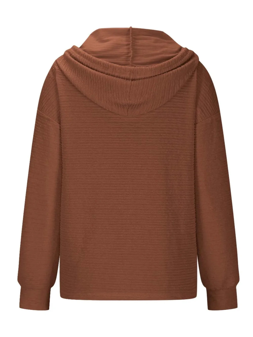 Woman wearing a brown textured drawstring quarter-button long sleeve hoodie paired with black jeans, perfect for casual fall outfits, available in 10 colors and sizes Small–2XL.