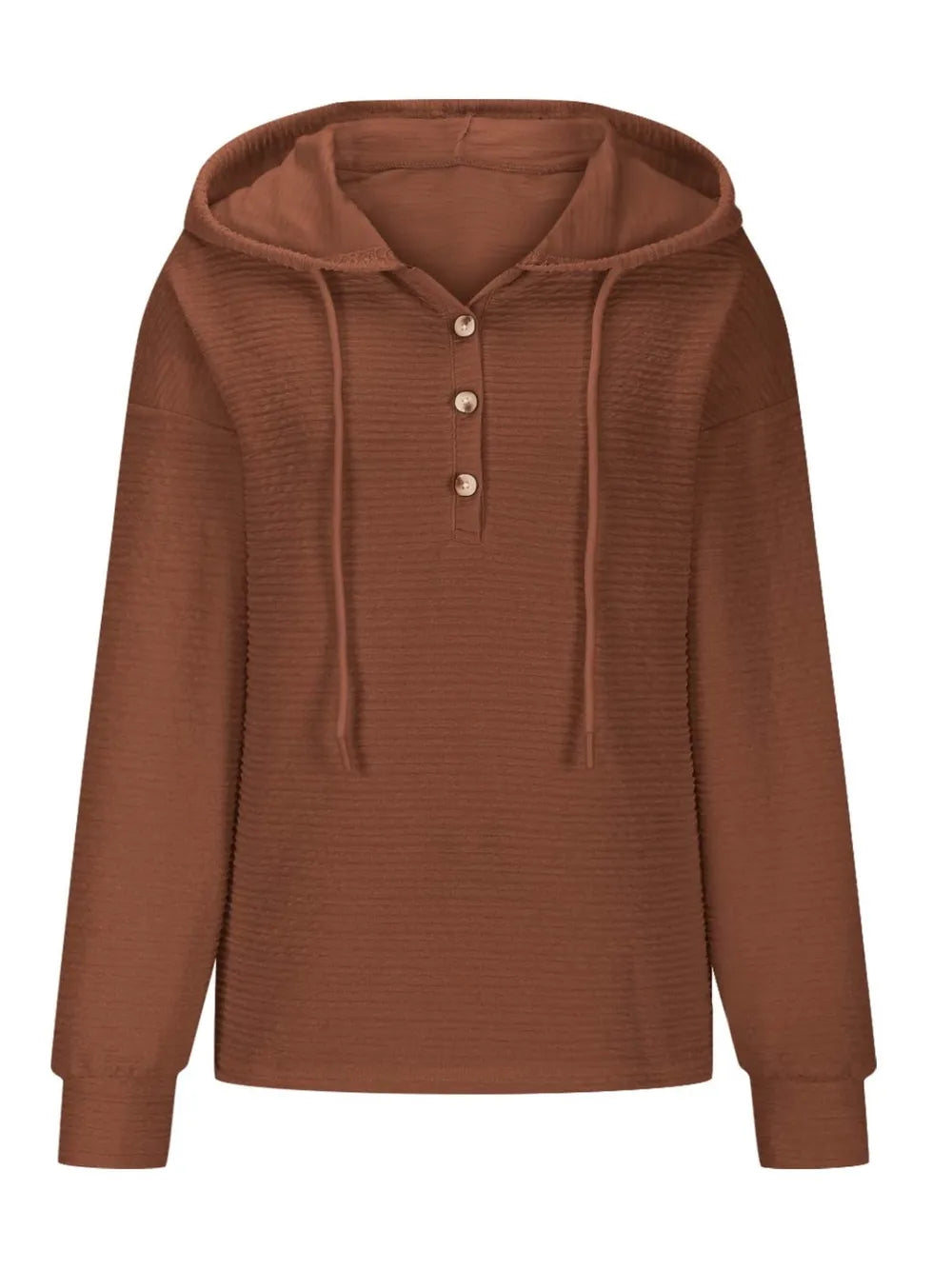 Woman wearing a brown textured drawstring quarter-button long sleeve hoodie paired with black jeans, perfect for casual fall outfits, available in 10 colors and sizes Small–2XL.