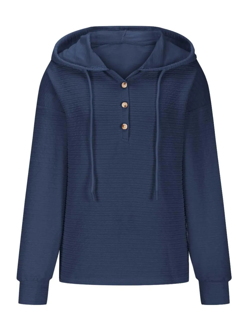 Woman wearing a dark blue textured drawstring quarter-button long sleeve hoodie paired with black jeans, perfect for casual fall outfits, available in 10 colors and sizes Small–2XL.