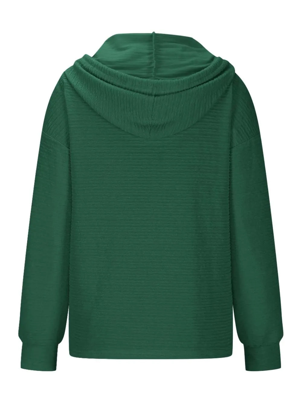 Woman wearing a dark green textured drawstring quarter-button long sleeve hoodie paired with black jeans, perfect for casual fall outfits, available in 10 colors and sizes Small–2XL.