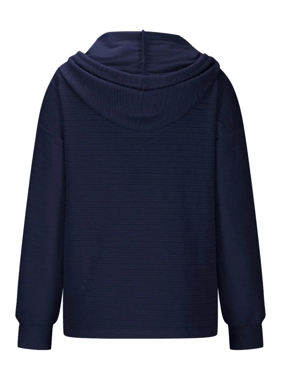 Woman wearing a dark navy textured drawstring quarter-button long sleeve hoodie paired with black jeans, perfect for casual fall outfits, available in 10 colors and sizes Small–2XL.