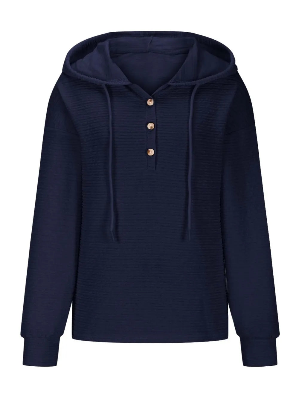 Woman wearing a dark navy textured drawstring quarter-button long sleeve hoodie paired with black jeans, perfect for casual fall outfits, available in 10 colors and sizes Small–2XL.