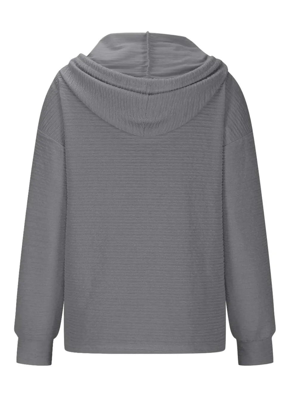 Woman wearing a gray textured drawstring quarter-button long sleeve hoodie paired with black jeans, perfect for casual fall outfits, available in 10 colors and sizes Small–2XL.