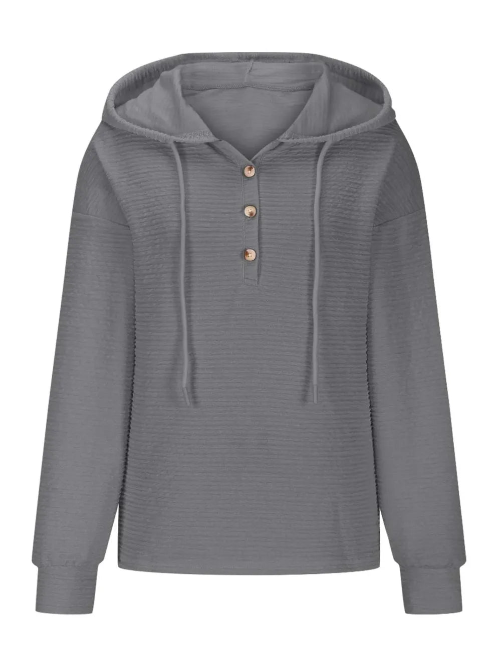 Woman wearing a gray textured drawstring quarter-button long sleeve hoodie paired with black jeans, perfect for casual fall outfits, available in 10 colors and sizes Small–2XL.