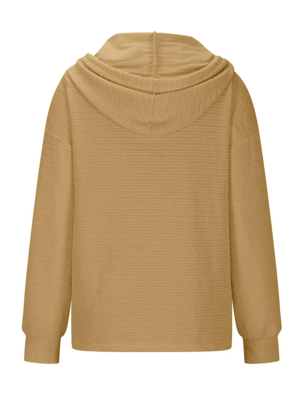 Woman wearing a mustard textured drawstring quarter-button long sleeve hoodie paired with black jeans, perfect for casual fall outfits, available in 10 colors and sizes Small–2XL.