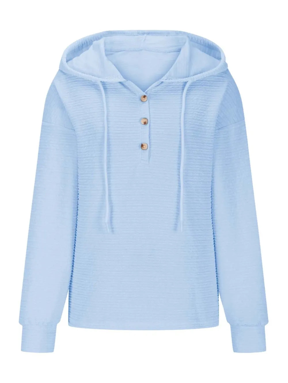 Woman wearing a pastel blue textured drawstring quarter-button long sleeve hoodie paired with black jeans, perfect for casual fall outfits, available in 10 colors and sizes Small–2XL.