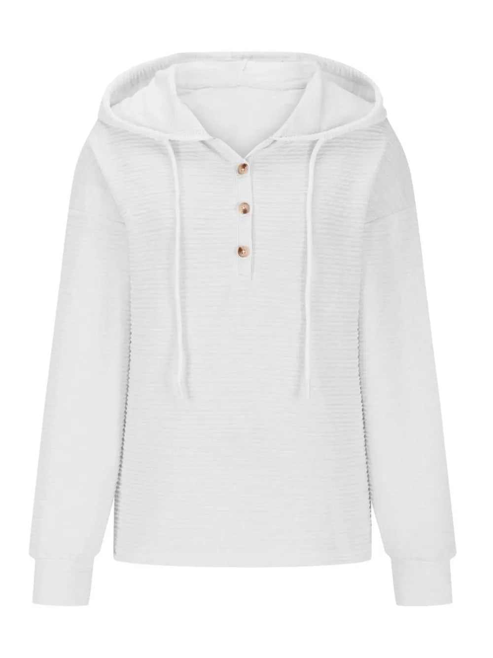 Woman wearing a white textured drawstring quarter-button long sleeve hoodie paired with black jeans, perfect for casual fall outfits, available in 10 colors and sizes Small–2XL.