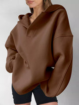 Women's oversized dropped shoulder hoodie sweatshirt in dark brown with long sleeves and relaxed fit, perfect for casual fall outfits, available in 11 colors and sizes Small–2XL.