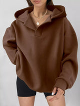 Women's oversized dropped shoulder hoodie sweatshirt in dark brown with long sleeves and relaxed fit, perfect for casual fall outfits, available in 11 colors and sizes Small–2XL.