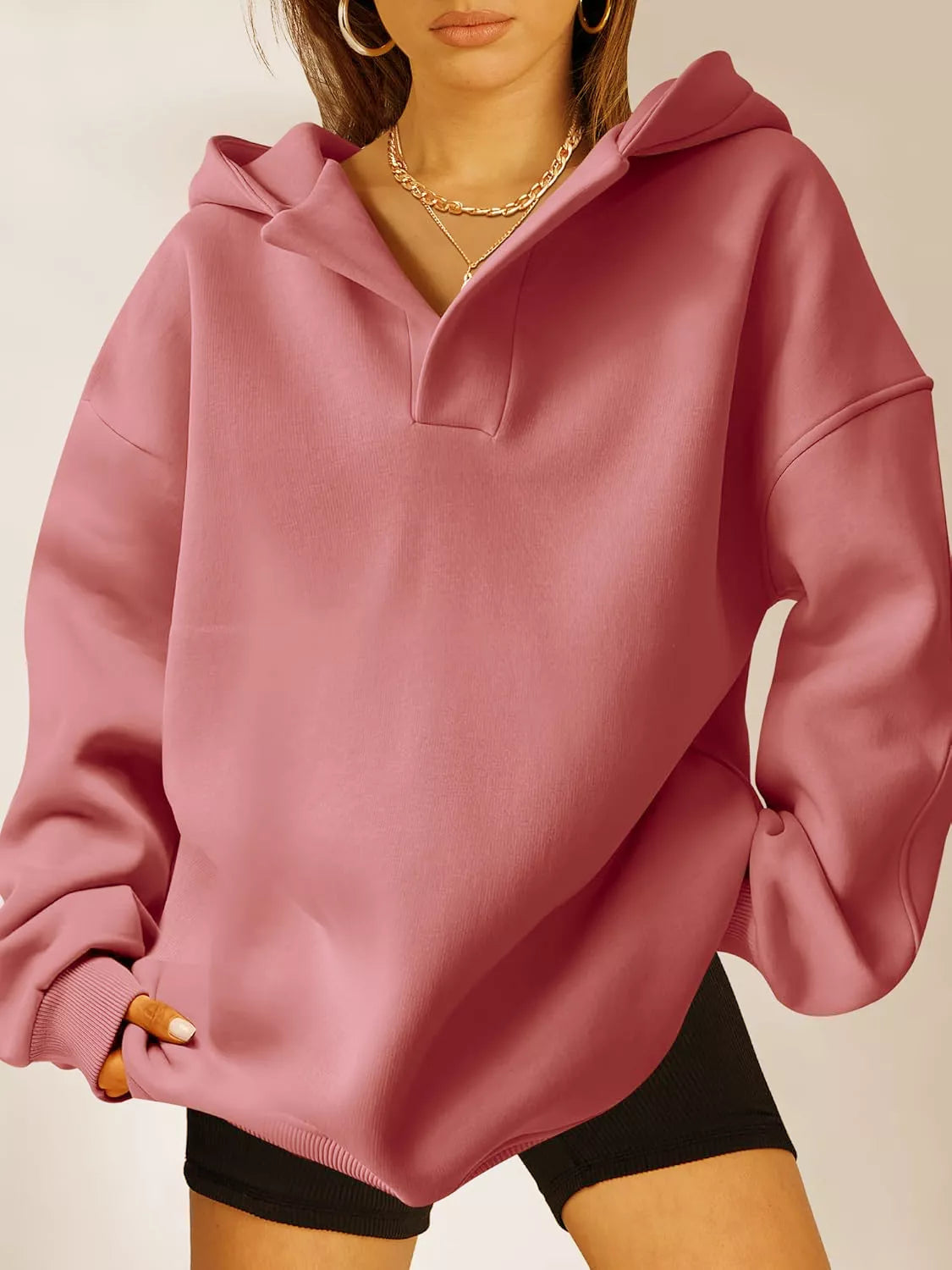 Women's oversized dropped shoulder hoodie sweatshirt in lotus color with long sleeves and relaxed fit, perfect for casual fall outfits, available in 11 colors and sizes Small–2XL.