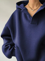 Women's oversized dropped shoulder hoodie sweatshirt in navy blue with long sleeves and relaxed fit, perfect for casual fall outfits, available in 11 colors and sizes Small–2XL.