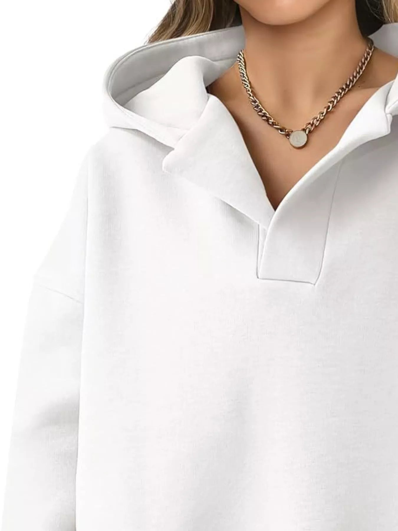 Women's oversized dropped shoulder hoodie sweatshirt in white with long sleeves and relaxed fit, perfect for casual fall outfits, available in 11 colors and sizes Small–2XL.