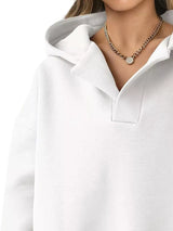 Women's oversized dropped shoulder hoodie sweatshirt in white with long sleeves and relaxed fit, perfect for casual fall outfits, available in 11 colors and sizes Small–2XL.