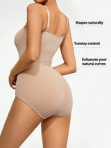 Three Basic Bae scoop-neck butt-lifting bodysuits in black, brown, and dust storm, featuring a smoothing silhouette and comfortable stretch fabric.