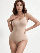 Three Basic Bae scoop-neck butt-lifting bodysuits in black, brown, and dust storm, featuring a smoothing silhouette and comfortable stretch fabric.