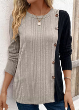 Women’s dust storm and black color block ribbed knit long sleeve top with decorative side buttons and slit detail, available in sizes Small–2XL.
