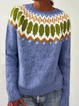 Women’s vintage patterned round neck sweater in dusty blue with multicolor yoke design, available in sizes Small through 5XL.