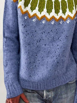 Women’s vintage patterned round neck sweater in dusty blue with multicolor yoke design, available in sizes Small through 5XL.