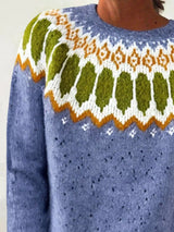 Women’s vintage patterned round neck sweater in dusty blue with multicolor yoke design, available in sizes Small through 5XL.