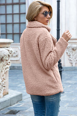 Ivy Lane women's dusty pink sherpa coat with lapel collar, double-breasted button front, long sleeves, and textured fabric, available in sizes S–5XL.