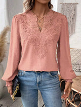 Women’s Swiss Dot Lace Detail Long Sleeve Blouse in dusty pink with V-neck lace detailing and long sleeves, available in sizes S–2XL.