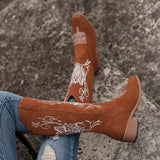 Women’s dark brown Western cowboy boots with white embroidered detailing and mid-height block heels.