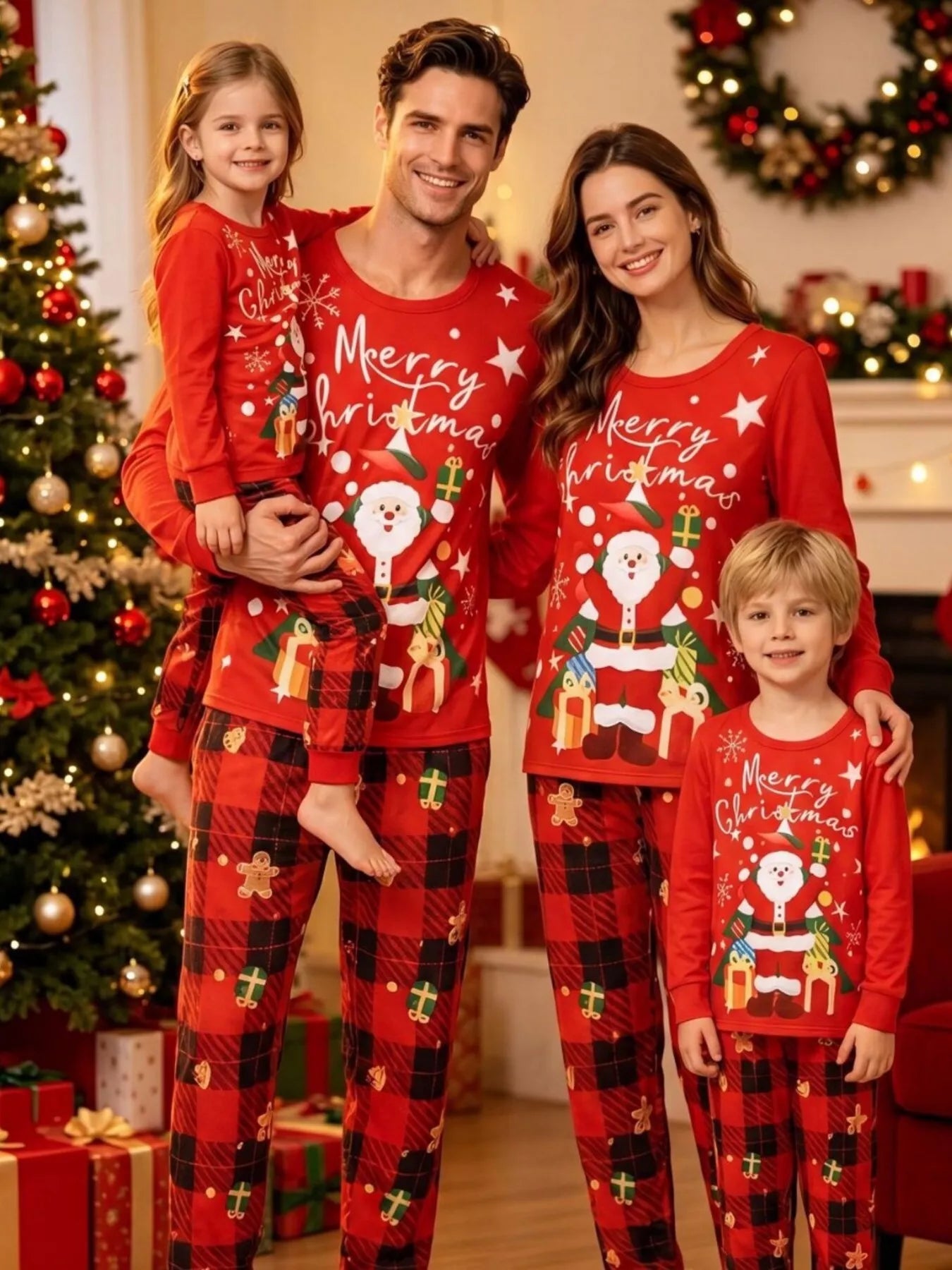 Family wearing matching red Santa Christmas pajama tops with red and black plaid holiday pants beside a decorated Christmas tree.
