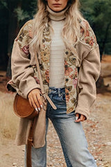 Women’s vintage floral button-up long sleeve shacket with contrast beige sleeves and front patch pockets