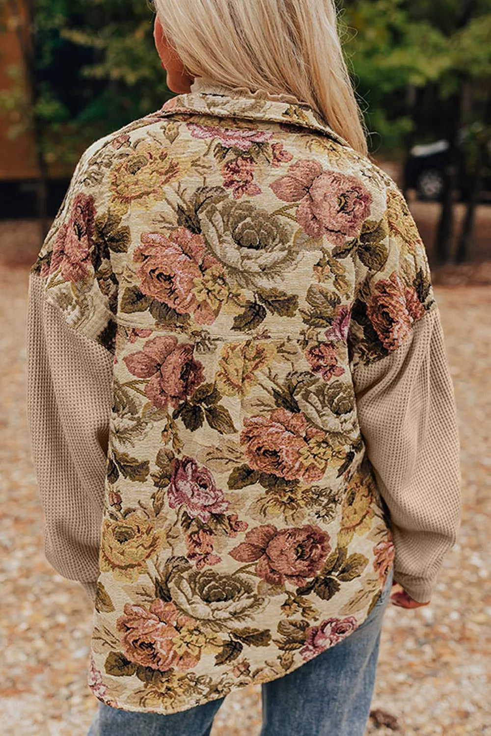 Women’s vintage floral button-up long sleeve shacket with contrast beige sleeves and front patch pockets