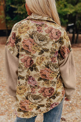 Women’s vintage floral button-up long sleeve shacket with contrast beige sleeves and front patch pockets