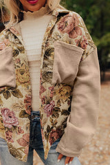 Women’s vintage floral button-up long sleeve shacket with contrast beige sleeves and front patch pockets