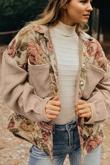 Women’s vintage floral button-up long sleeve shacket with contrast beige sleeves and front patch pockets