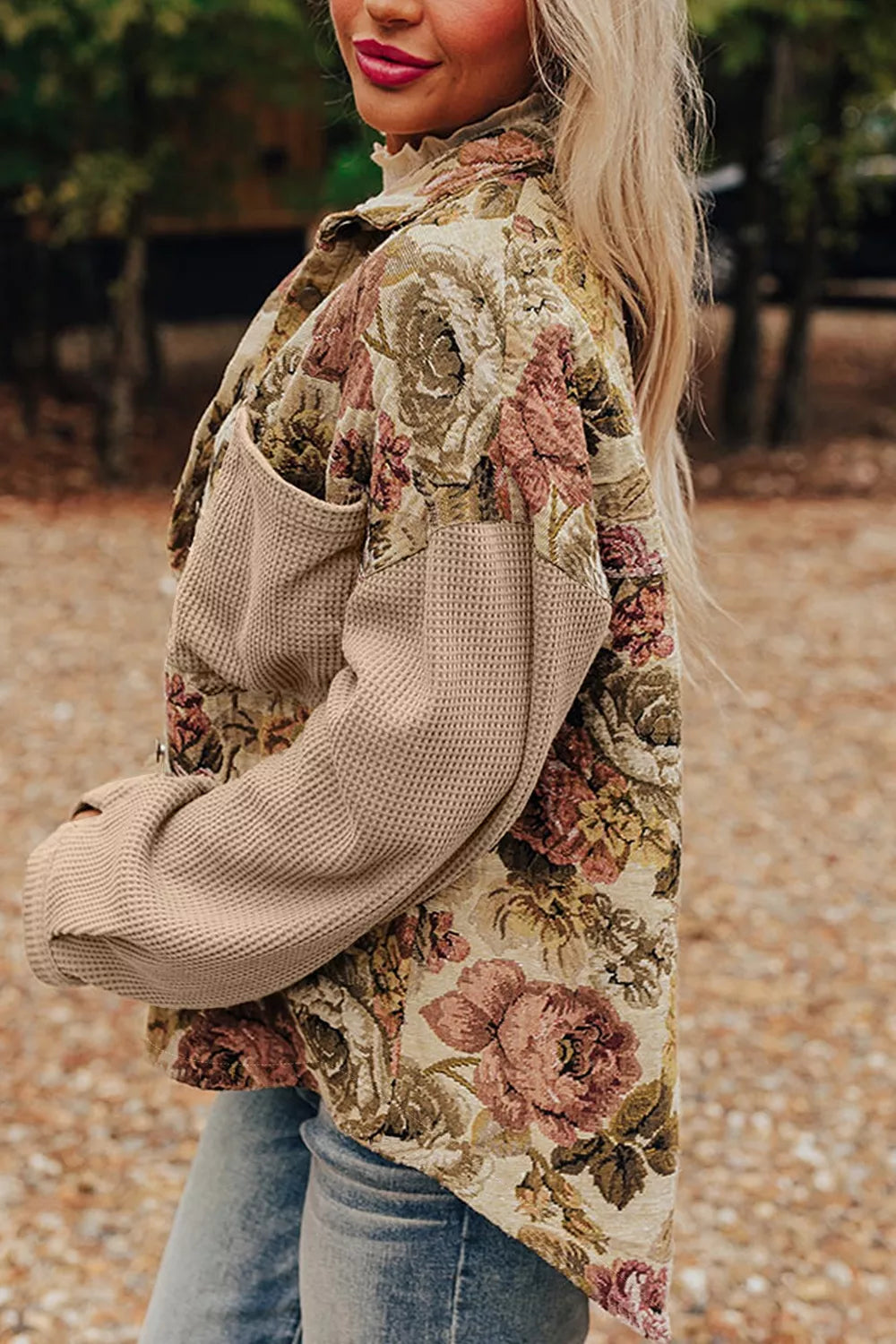 Women’s vintage floral button-up long sleeve shacket with contrast beige sleeves and front patch pockets