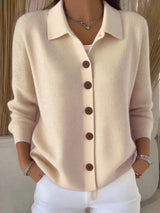 Women's apricot button-down ribbed knit cardigan with a classic collared neckline, long sleeves, and soft sweater knit, available in sizes Small–5XL.