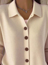 Women's apricot button-down ribbed knit cardigan with a classic collared neckline, long sleeves, and soft sweater knit, available in sizes Small–5XL.