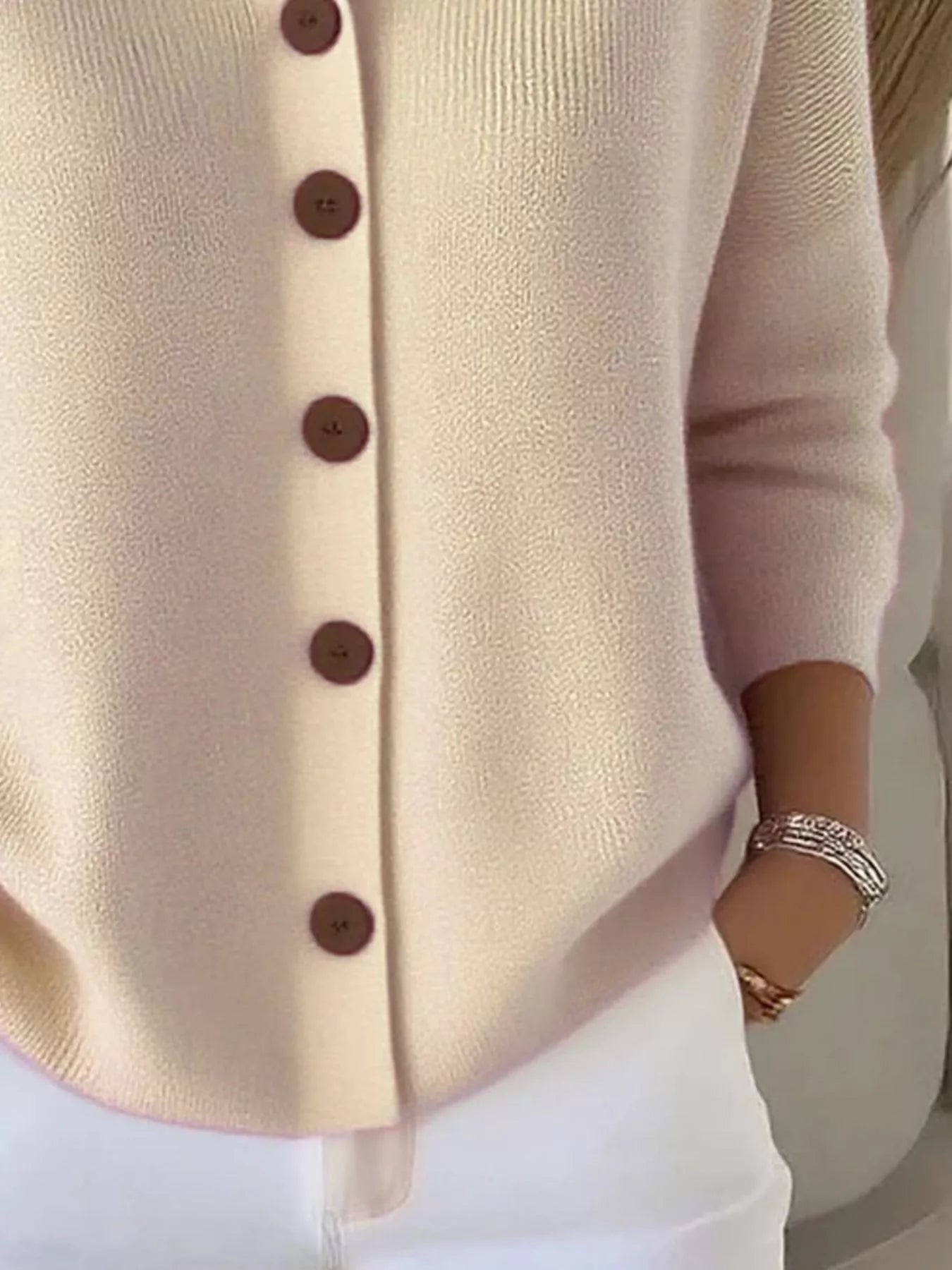 Women's apricot button-down ribbed knit cardigan with a classic collared neckline, long sleeves, and soft sweater knit, available in sizes Small–5XL.