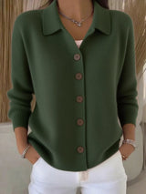 Women's army green button-down ribbed knit cardigan with a classic collared neckline, long sleeves, and soft sweater knit, available in sizes Small–5XL.
