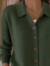 Women's army green button-down ribbed knit cardigan with a classic collared neckline, long sleeves, and soft sweater knit, available in sizes Small–5XL.