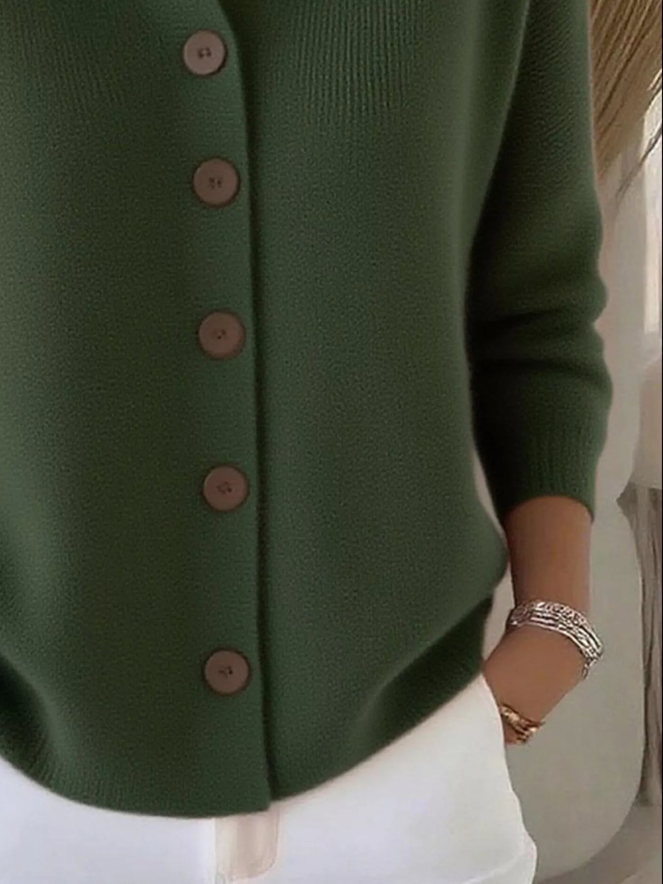 Women's army green button-down ribbed knit cardigan with a classic collared neckline, long sleeves, and soft sweater knit, available in sizes Small–5XL.